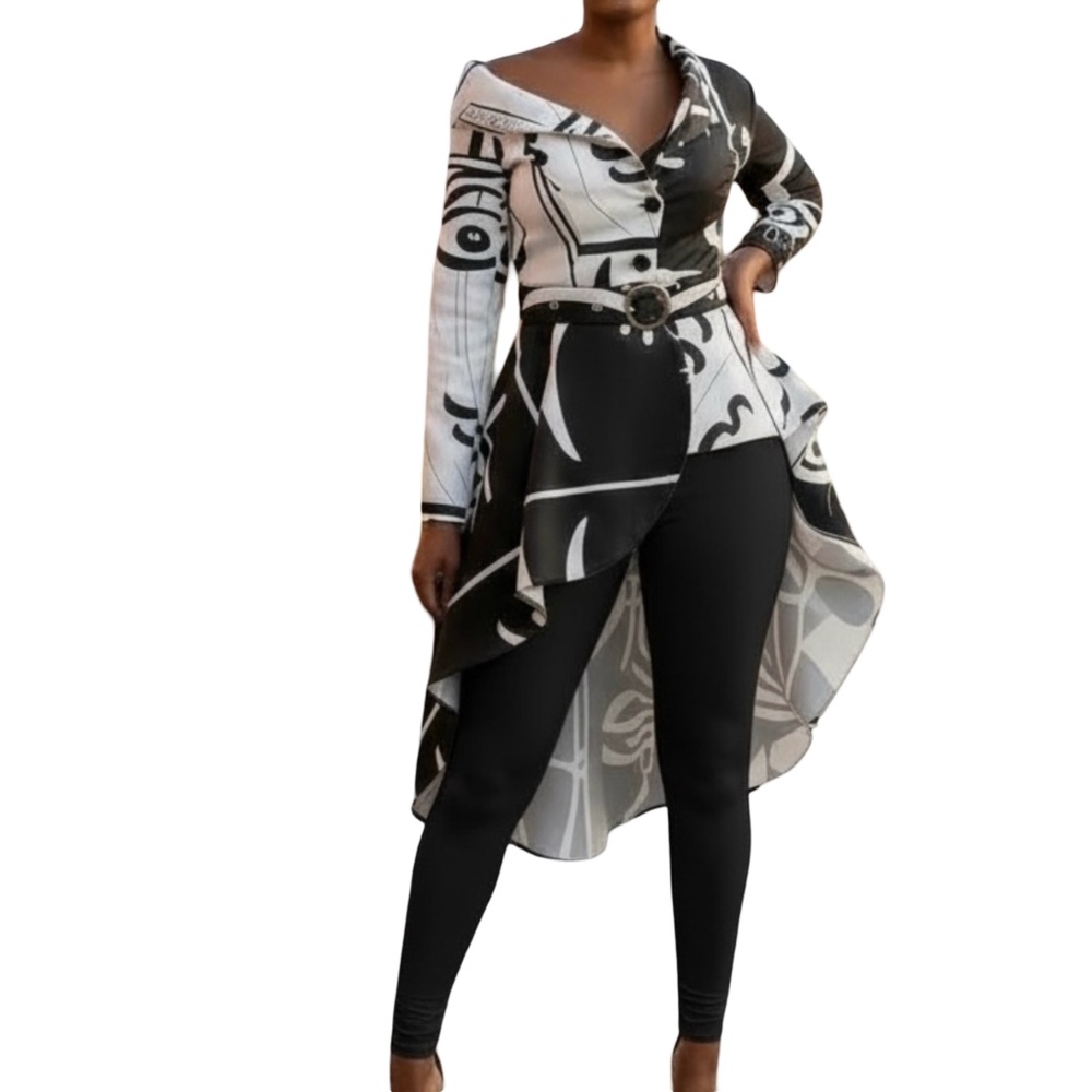 #A295 FOR HER NYC BLACK WHITE ABSTRACT PRINT MONOCHROME CHIC  BELTED TUNIC NWT L